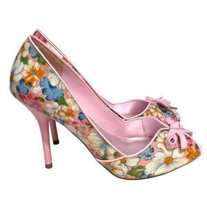 NWOT Delicious heels pink floral peep toe bow pumps size 8